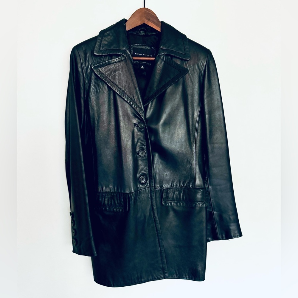 Women's Banana Republic Vintage Black Leather Car Coat